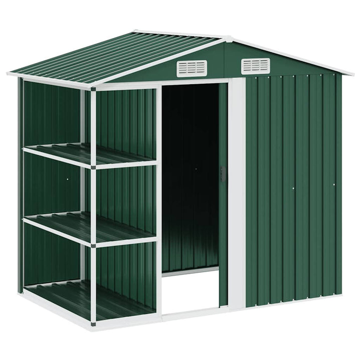 haveskur med reol 205x130x183 cm jern grøn