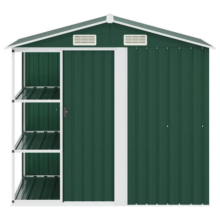 haveskur med reol 205x130x183 cm jern grøn