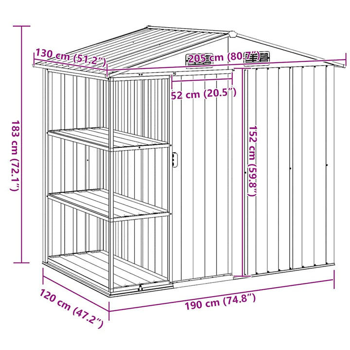 haveskur med reol 205x130x183 cm jern grøn