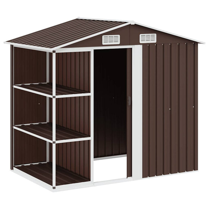 haveskur med reol 205x130x183 cm jern brun