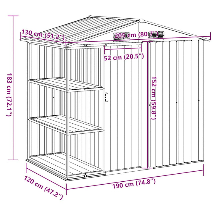 haveskur med reol 205x130x183 cm jern brun
