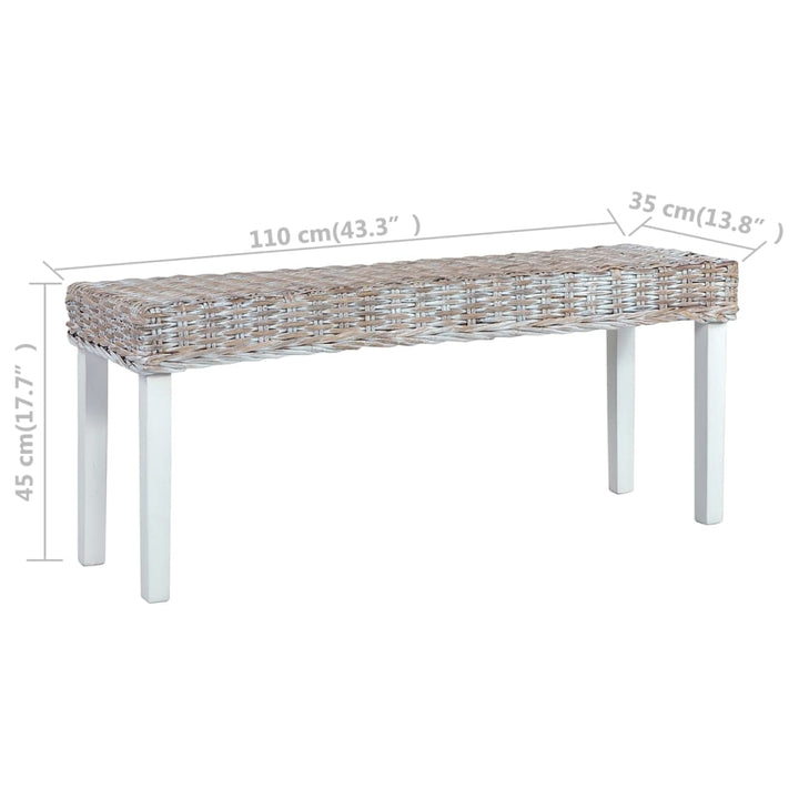 bænk 110 cm naturlig kubu-rattan massivt mahognitræ hvid