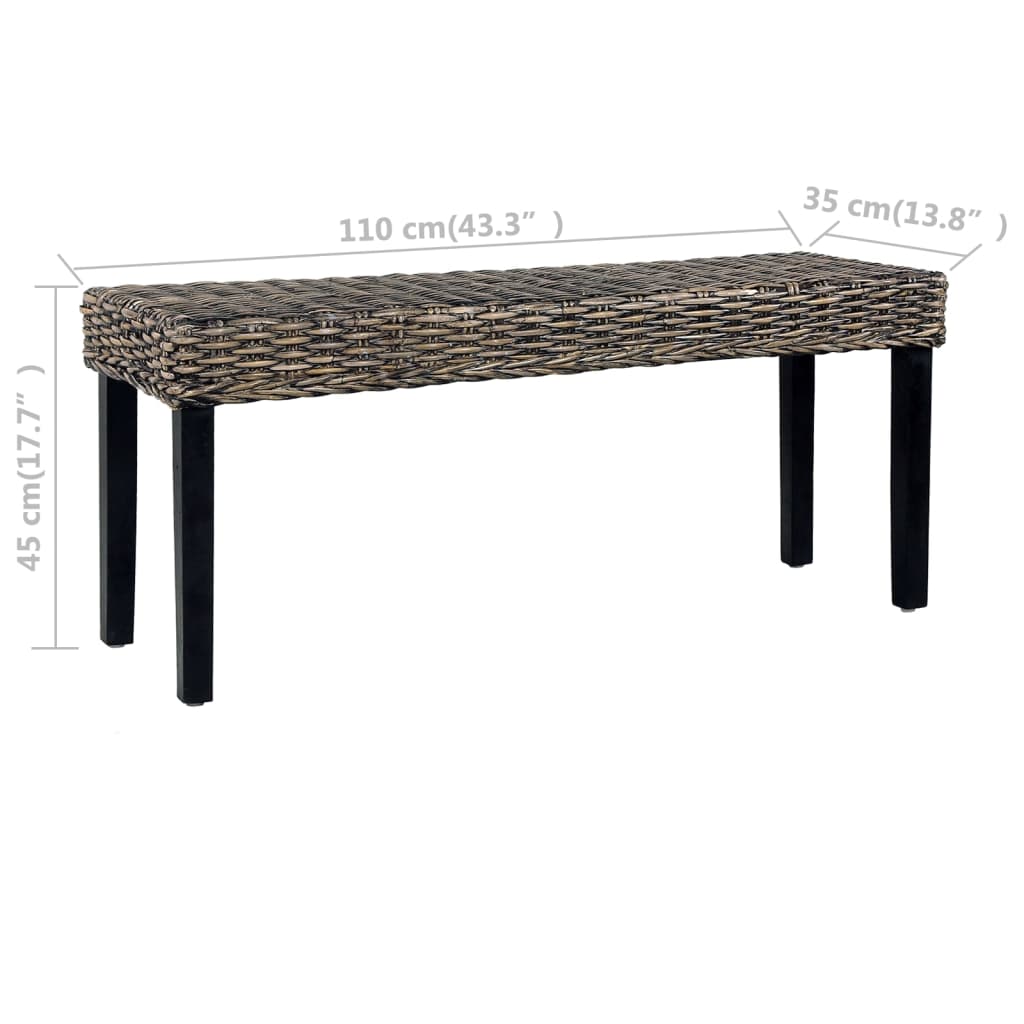 bænk 110 cm naturlig kubu-rattan massivt mahognitræ sort