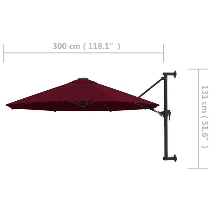 væghængt parasol med metalstang 300 cm bordeauxfarvet