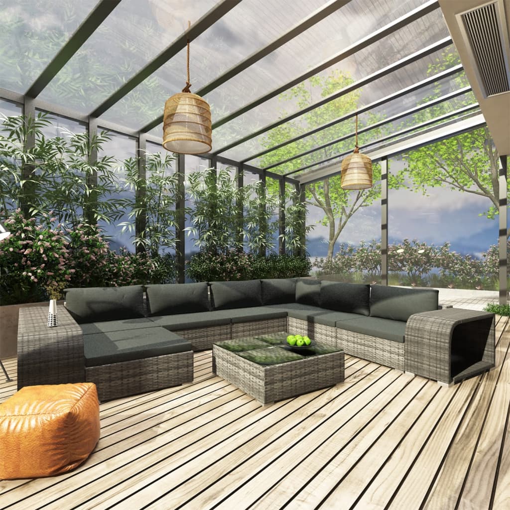 loungesæt til haven 10 dele med hynder polyrattan grå