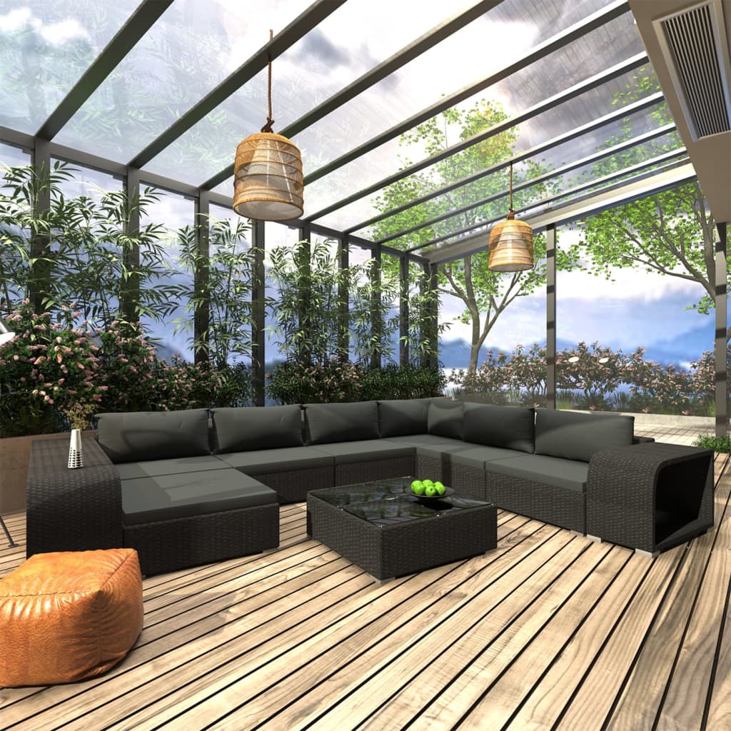 loungesæt til haven 10 dele med hynder polyrattan sort