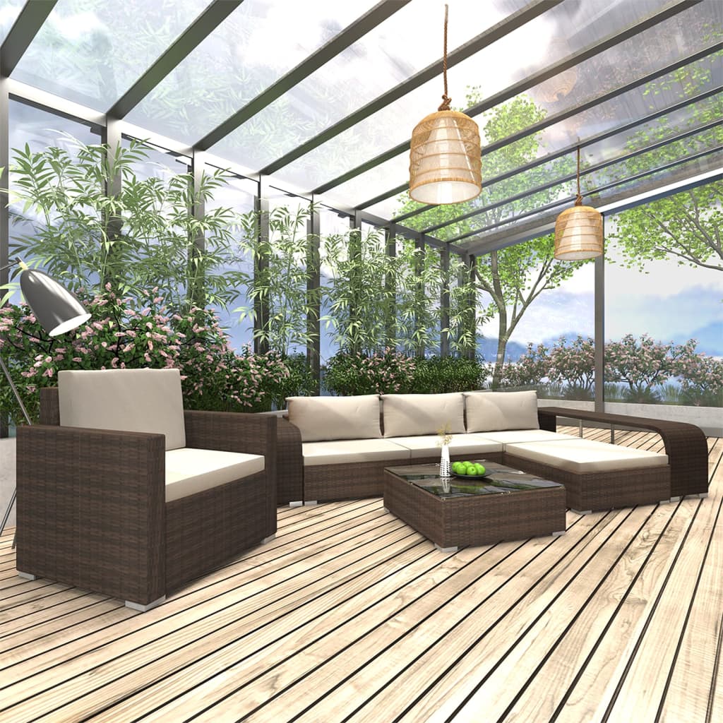 loungesæt til haven 8 dele med hynder polyrattan brun