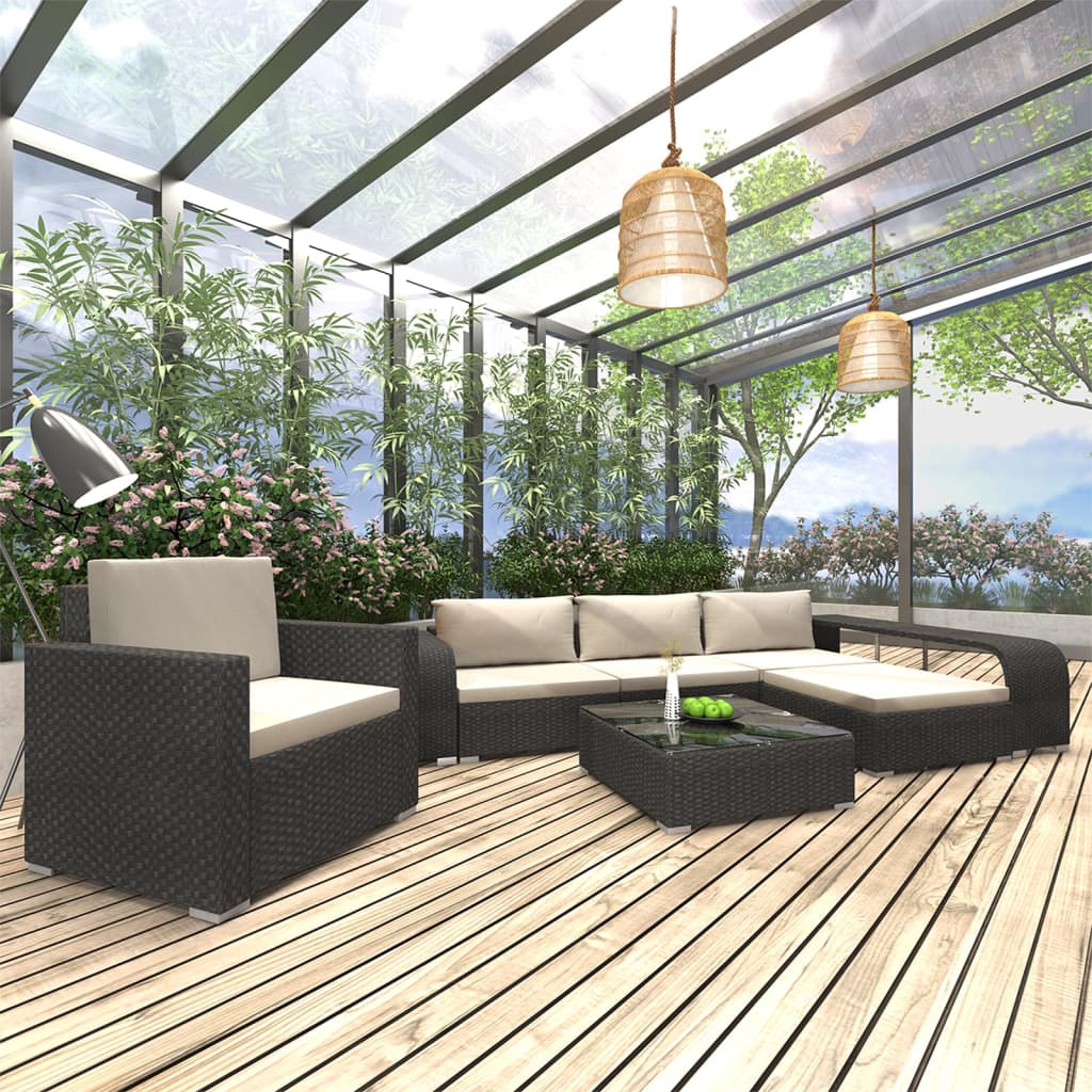 loungesæt til haven 8 dele med hynder polyrattan sort