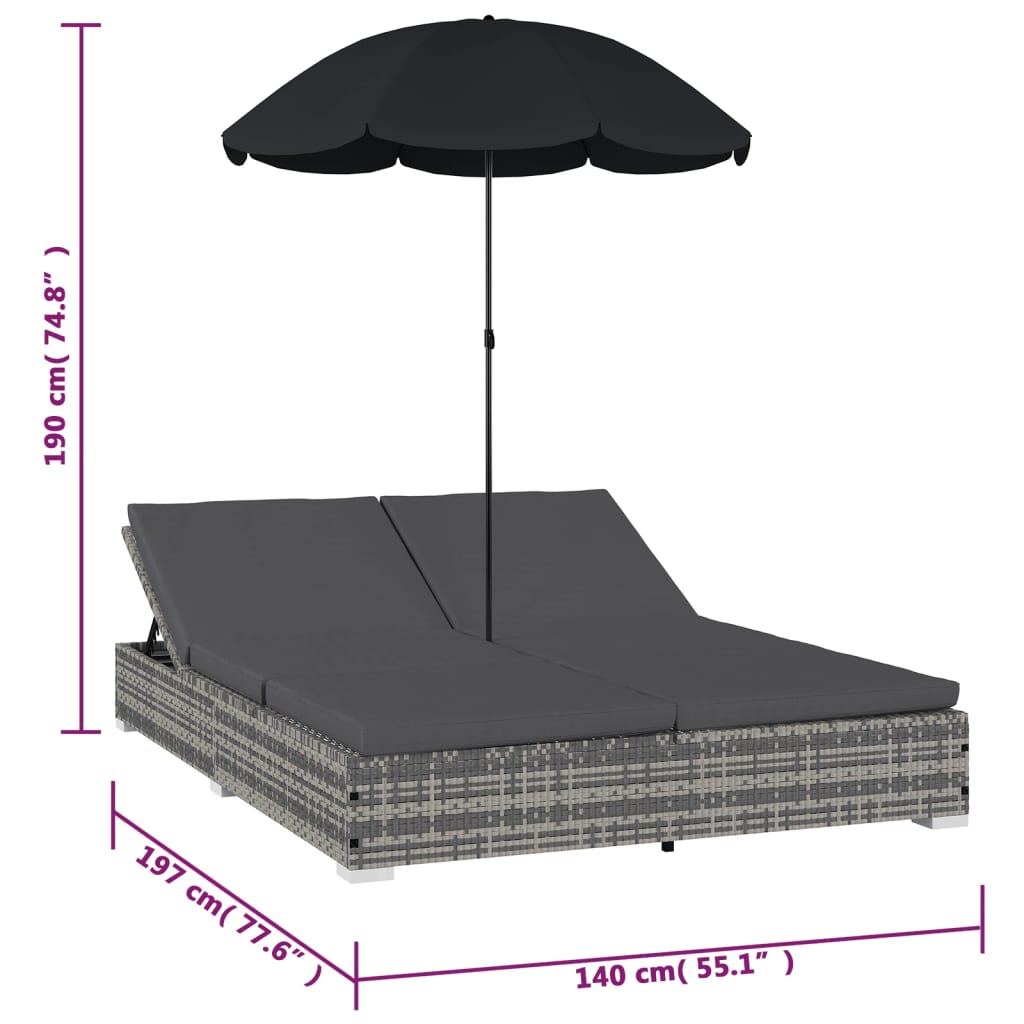 udendørs solseng med parasol polyrattan grå
