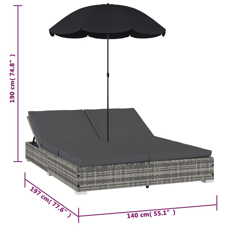 udendørs solseng med parasol polyrattan grå