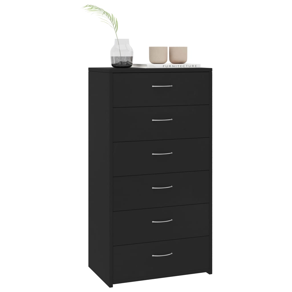 kommode med 6 skuffer 50x34x96 cm konstrueret træ sort