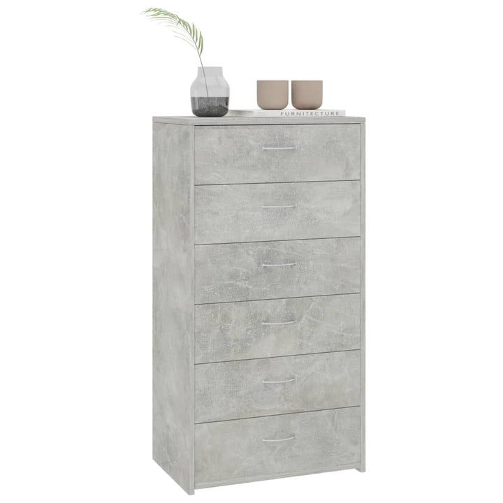 kommode med 6 skuffer 50x34x96 cm konstrueret træ betongrå