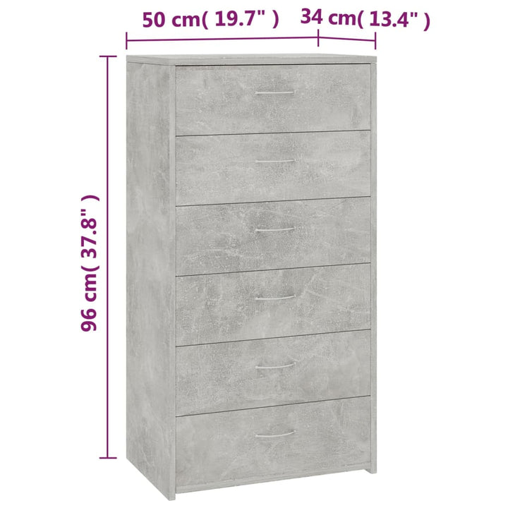 kommode med 6 skuffer 50x34x96 cm konstrueret træ betongrå