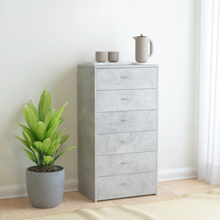 kommode med 6 skuffer 50x34x96 cm konstrueret træ betongrå