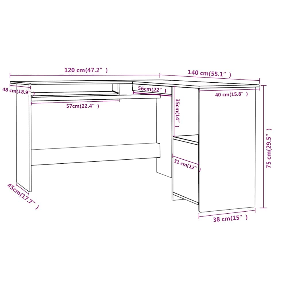 L-formet skrivebord 120x140x75 cm konstrueret træ sort