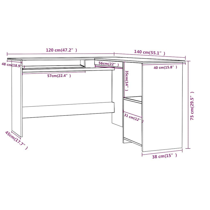 L-formet skrivebord 120x140x75 cm konstrueret træ sort