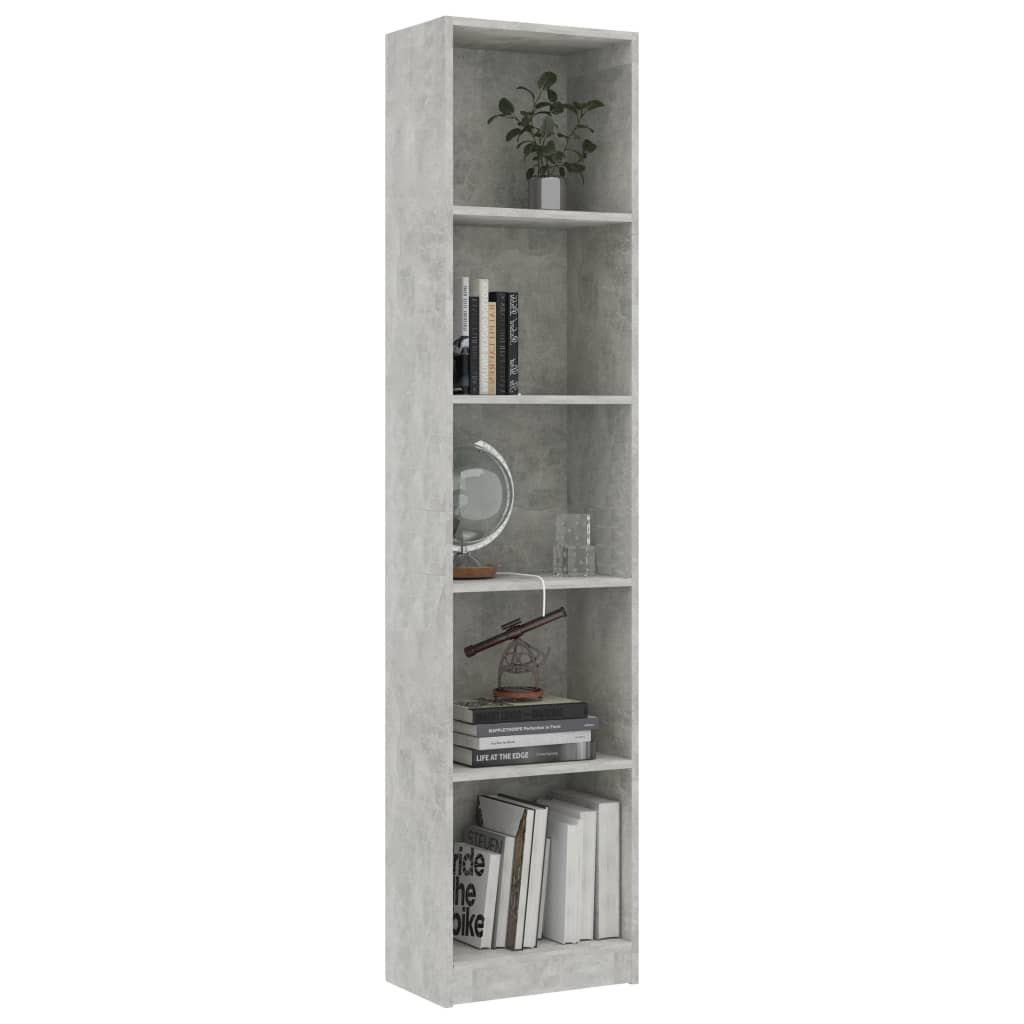 bogreol med 5 hylder 40x24x175 cm konstrueret træ betongrå