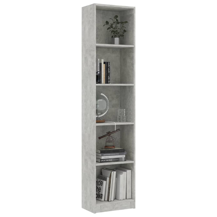 bogreol med 5 hylder 40x24x175 cm konstrueret træ betongrå