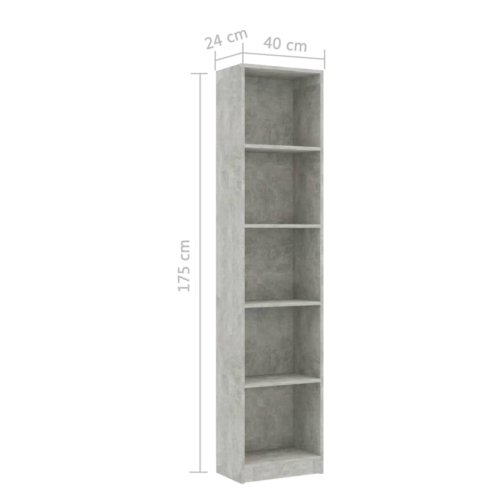 bogreol med 5 hylder 40x24x175 cm konstrueret træ betongrå