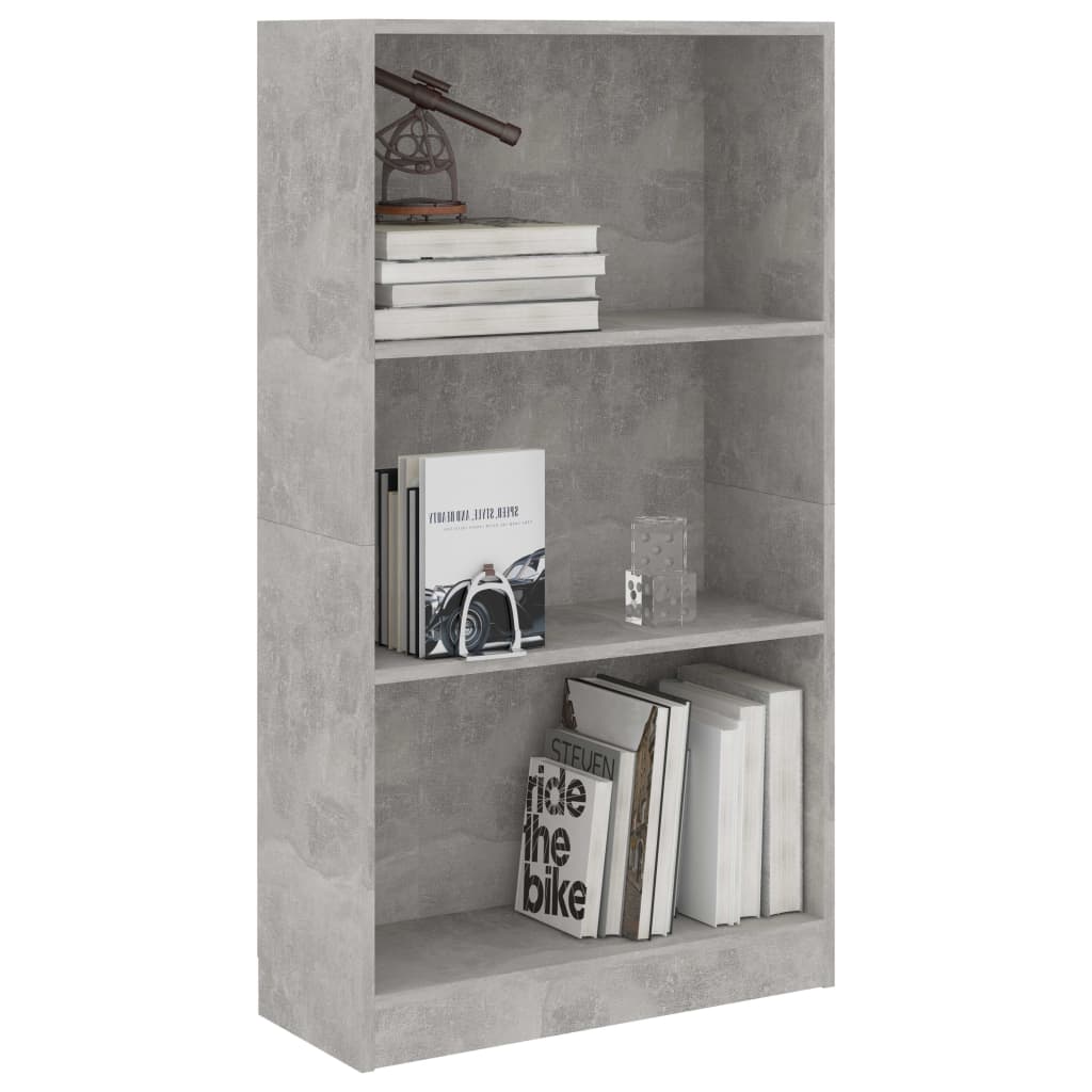 bogreol med 3 hylder 60x24x109 cm konstrueret træ betongrå
