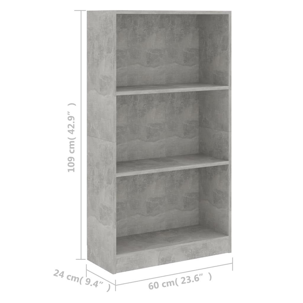 bogreol med 3 hylder 60x24x109 cm konstrueret træ betongrå
