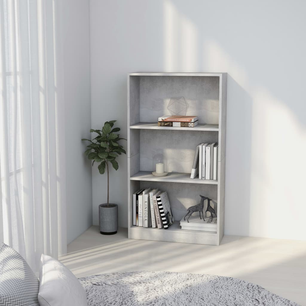 bogreol med 3 hylder 60x24x109 cm konstrueret træ betongrå