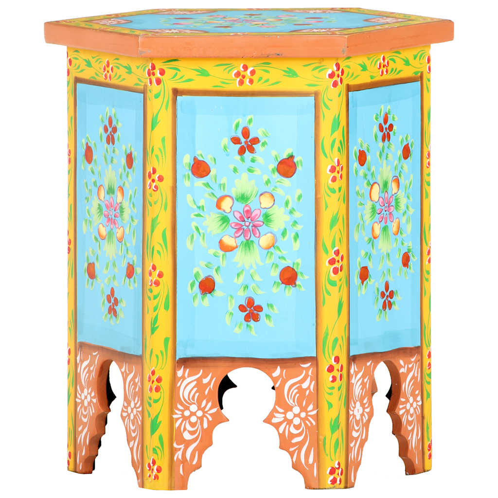 håndmalet sidebord 38x33x42 cm massivt mangotræ flerfarvet