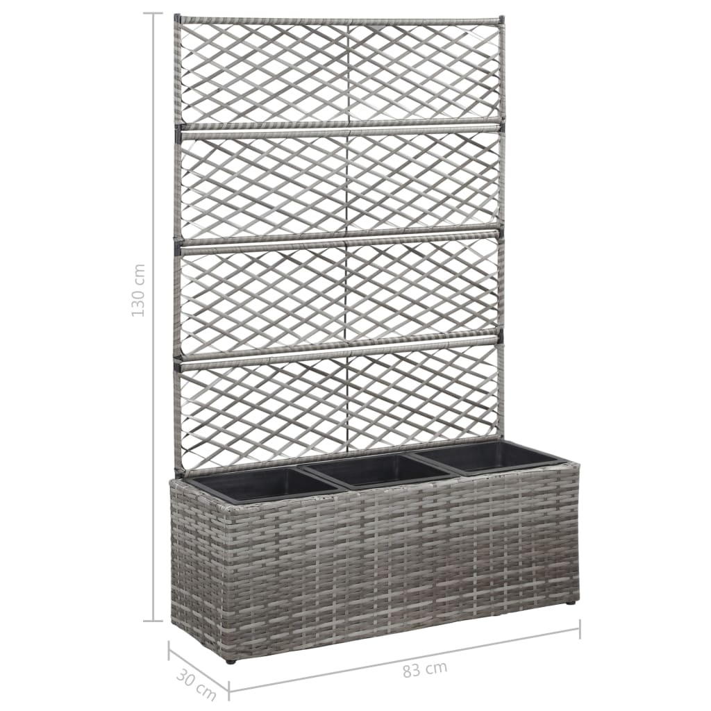 espalier med plantekasse 3 krukker 83x30x130 cm polyrattan grå