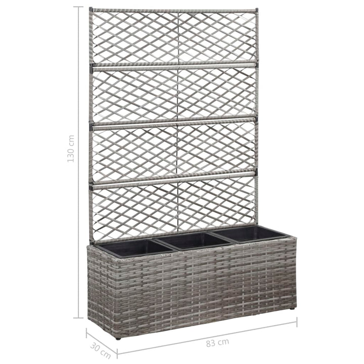 espalier med plantekasse 3 krukker 83x30x130 cm polyrattan grå