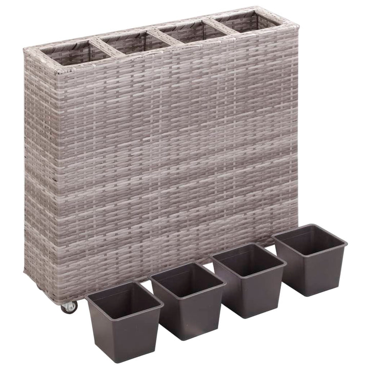 hævet plantekasse med 4 krukker 80x22x79 cm polyrattan grå
