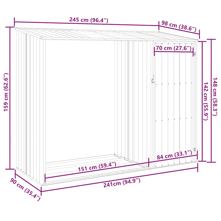 brændeskur 245x98x159 cm galvaniseret stål grå