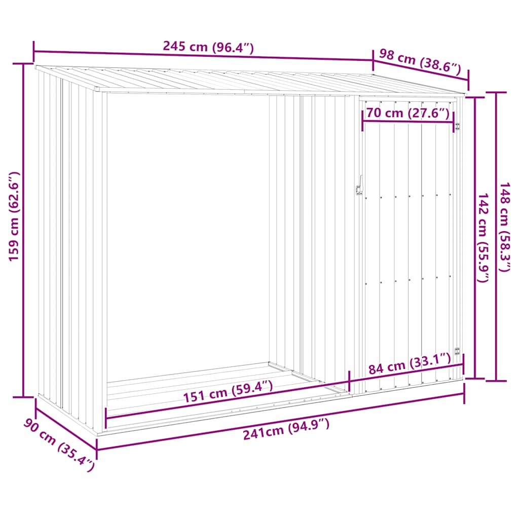 brændeskur 245x98x159 cm galvaniseret stål antracitgrå