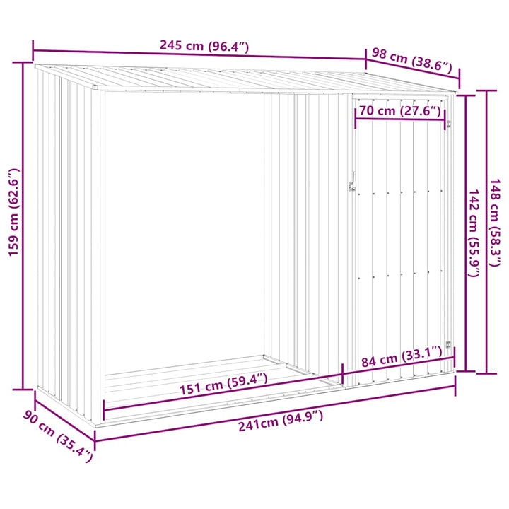 brændeskur 245x98x159 cm galvaniseret stål brun