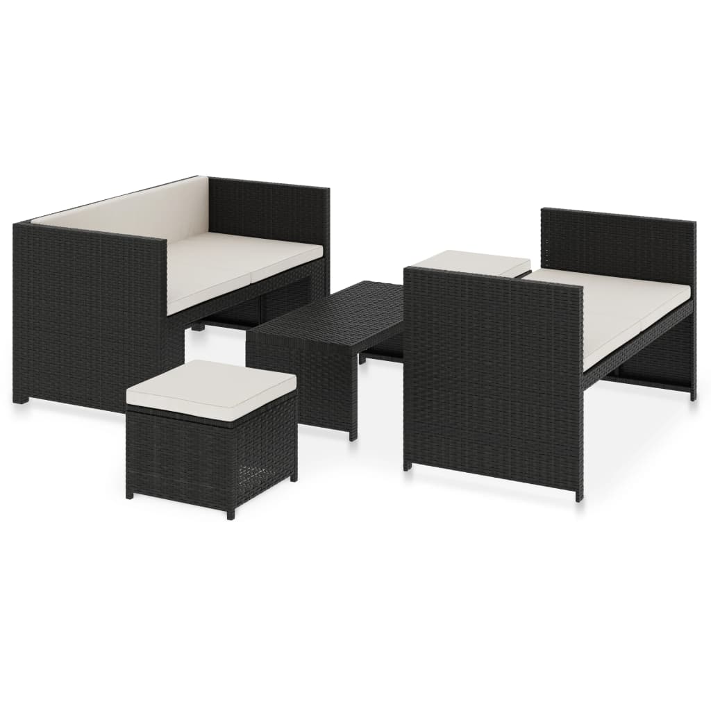haveloungesæt 5 dele med hynder polyrattan sort