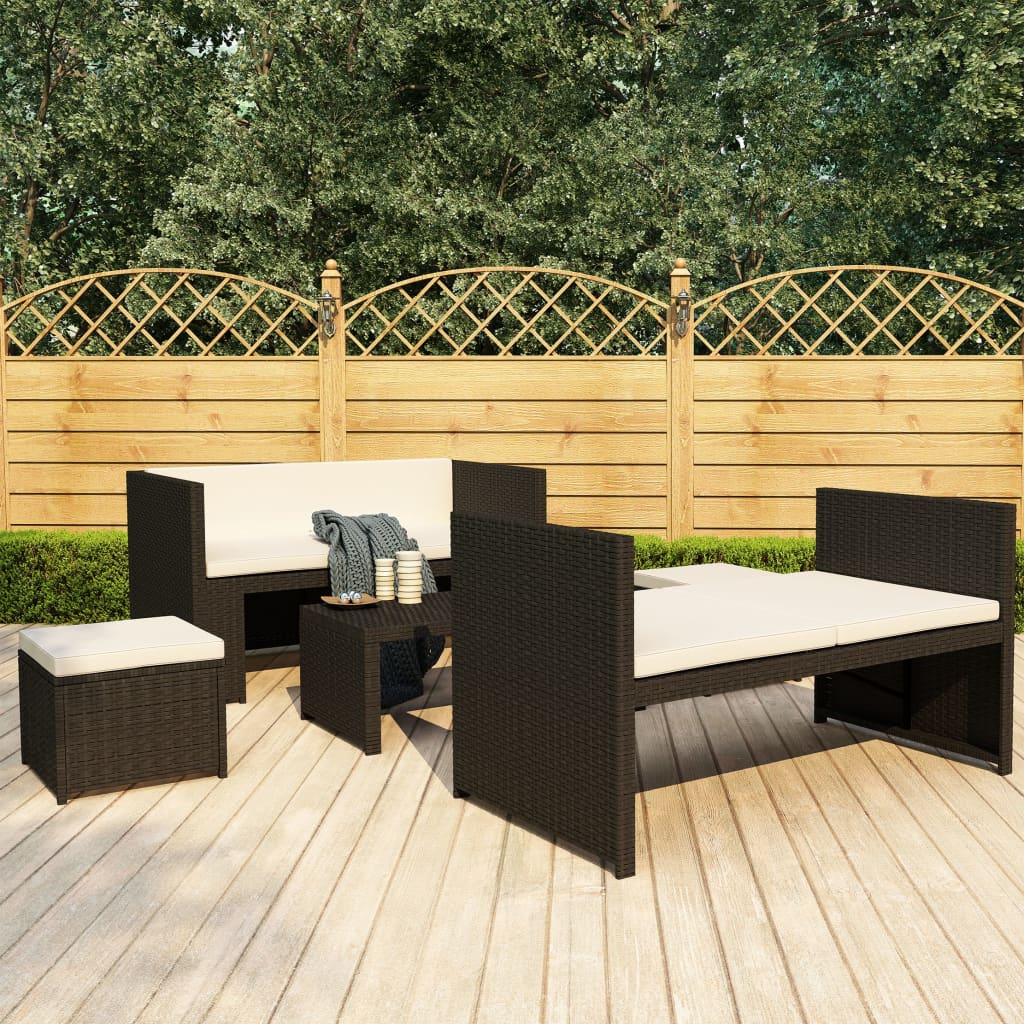 haveloungesæt 5 dele med hynder polyrattan sort