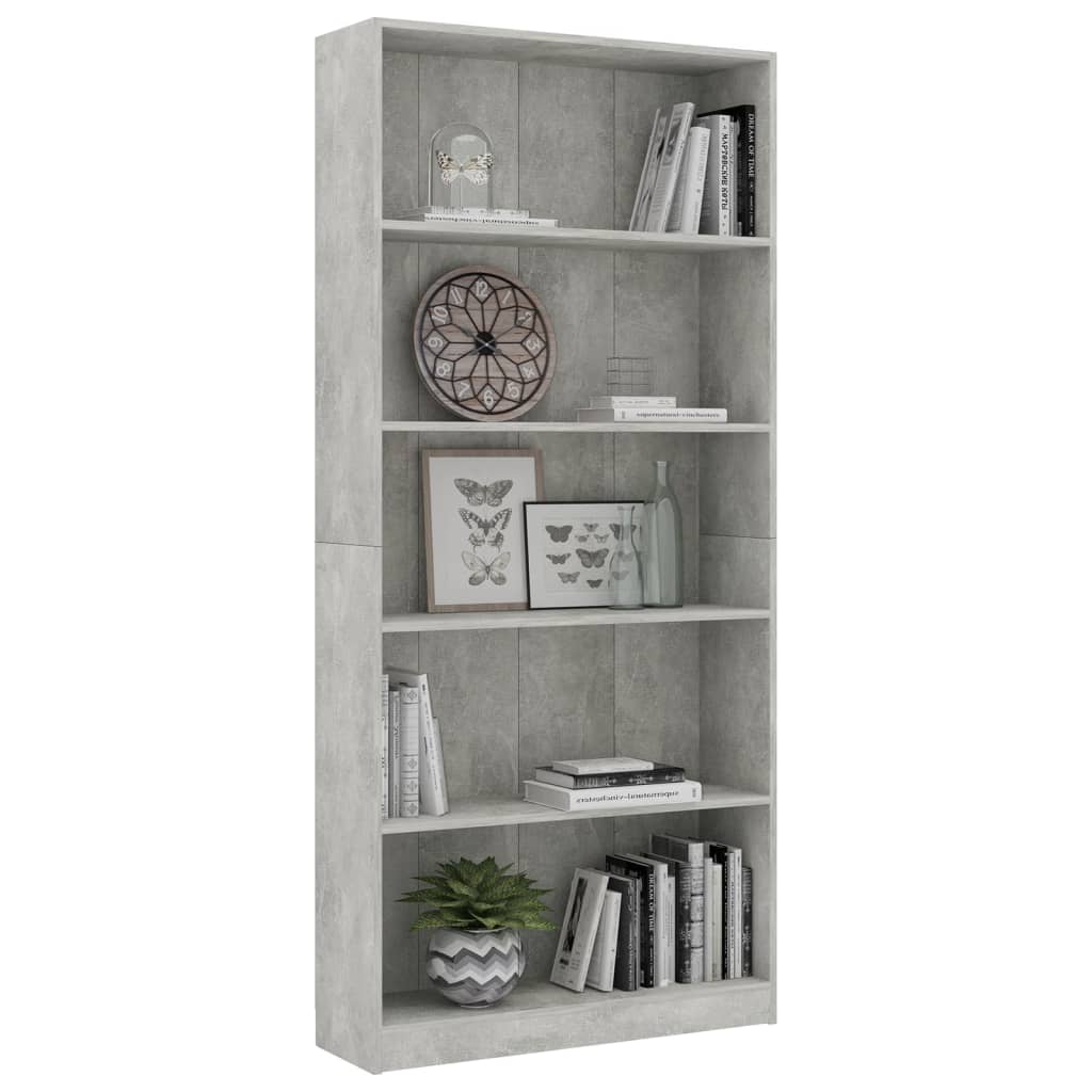 bogreol med 5 hylder 80x24x175 cm konstrueret træ betongrå