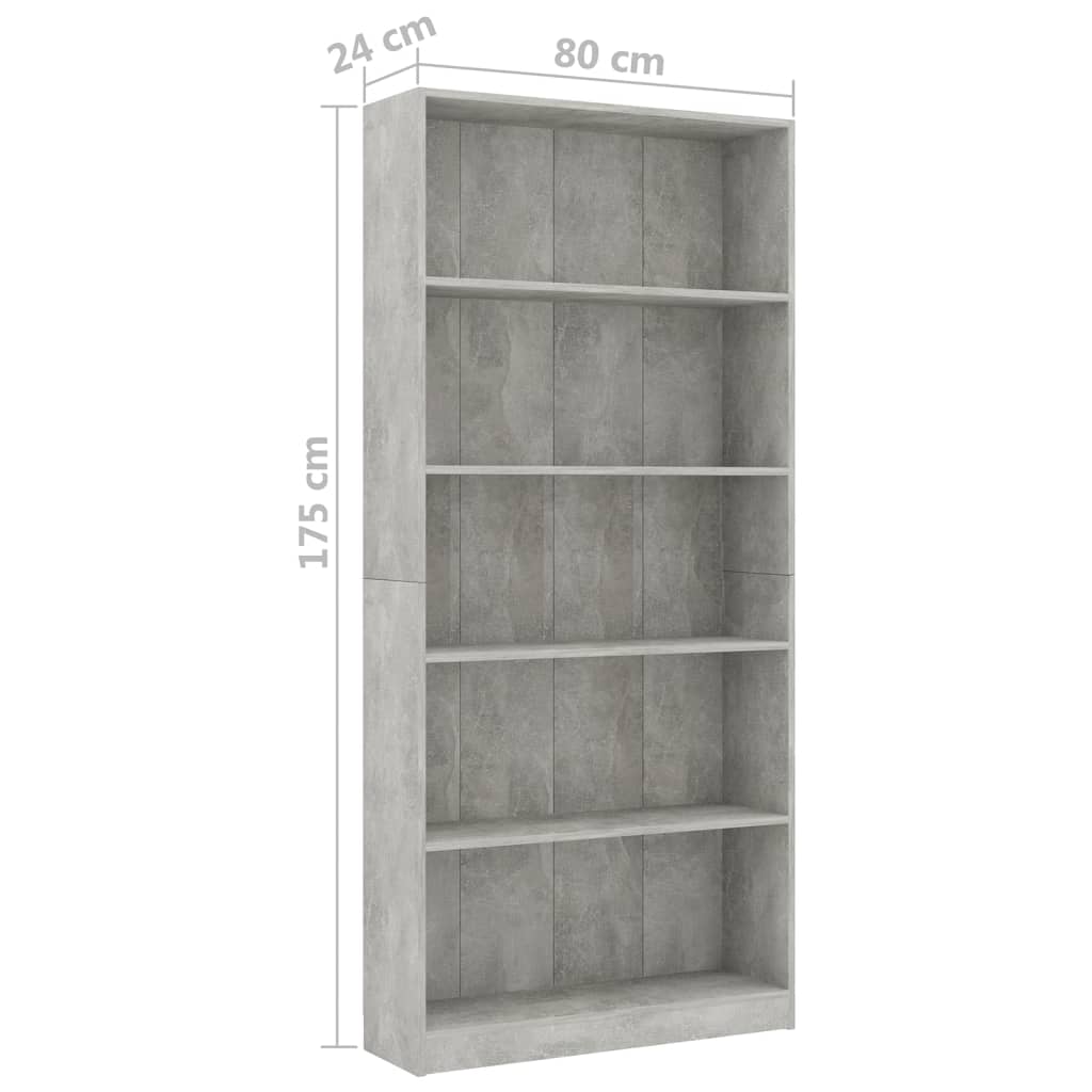 bogreol med 5 hylder 80x24x175 cm konstrueret træ betongrå