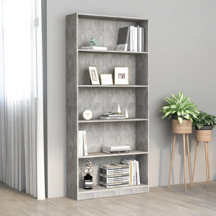 bogreol med 5 hylder 80x24x175 cm konstrueret træ betongrå