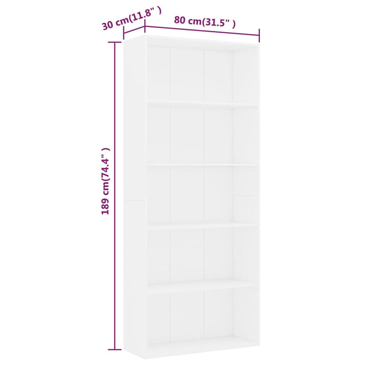 bogreol med 5 hylder 80x30x189 cm konstrueret træ hvid