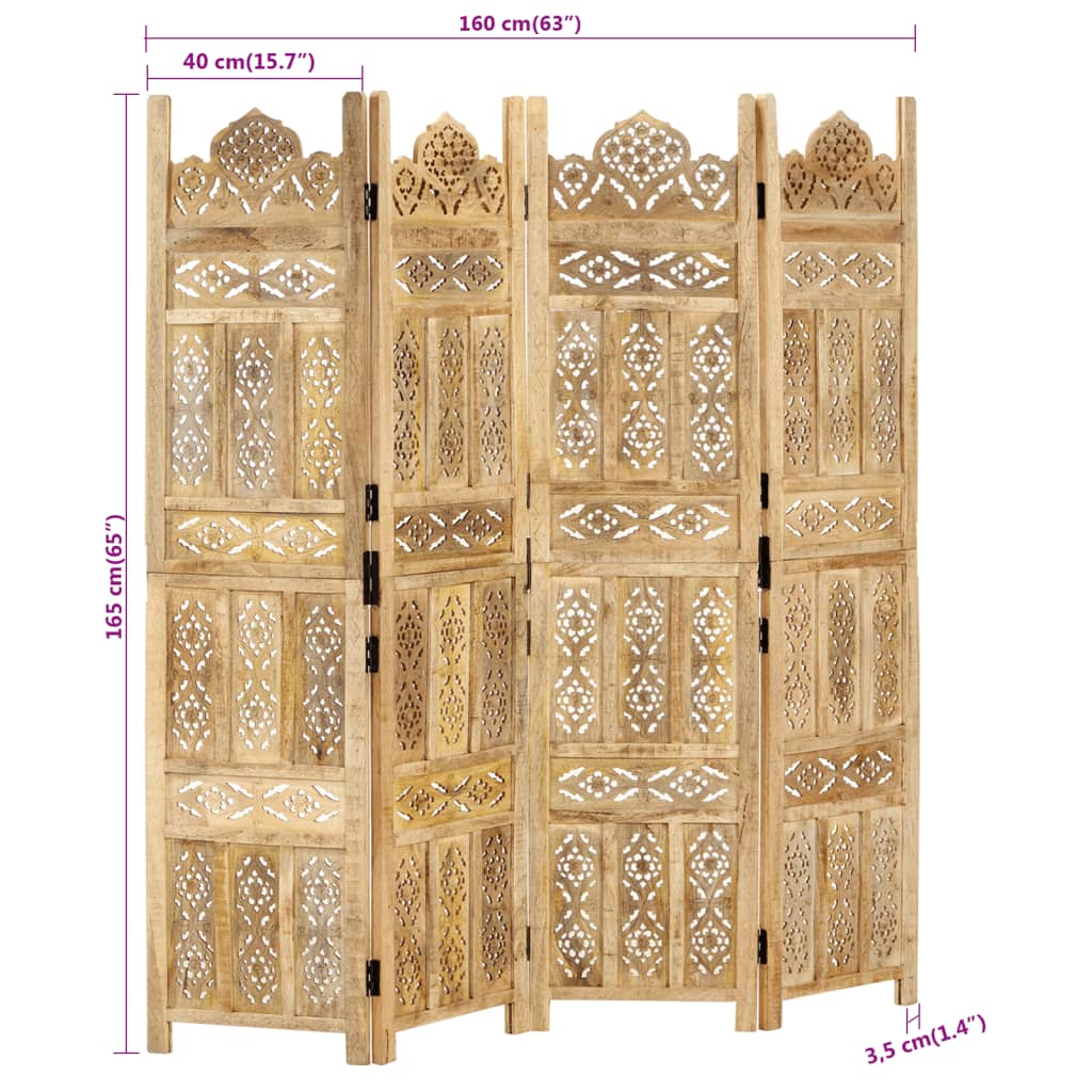 4-panels rumdeler håndskåret 160 x 165 cm massivt mangotræ