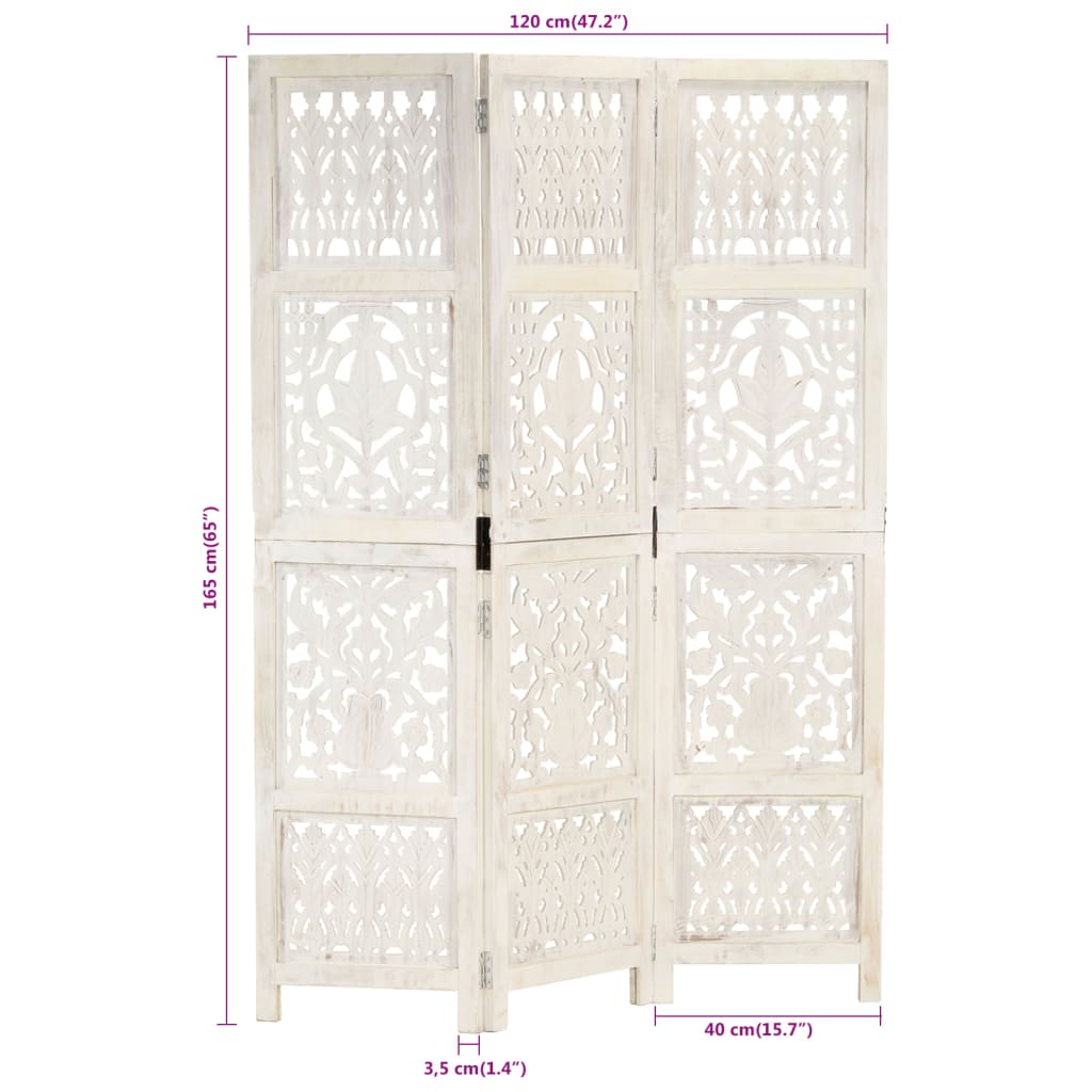 3-panels rumdeler håndskåret 120 x 165 cm massivt mangotræ hvid
