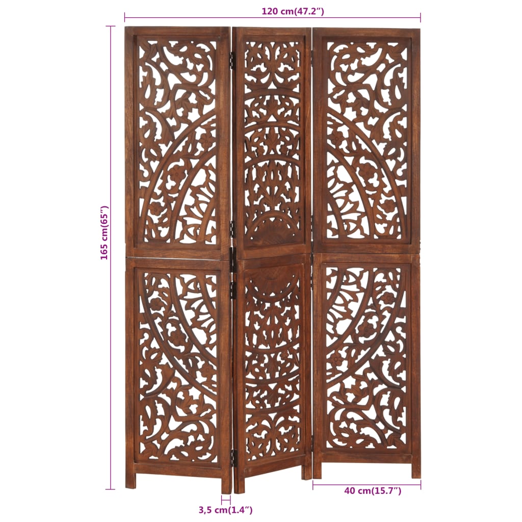 3-panels rumdeler håndskåret 120 x 165 cm massivt mangotræ brun