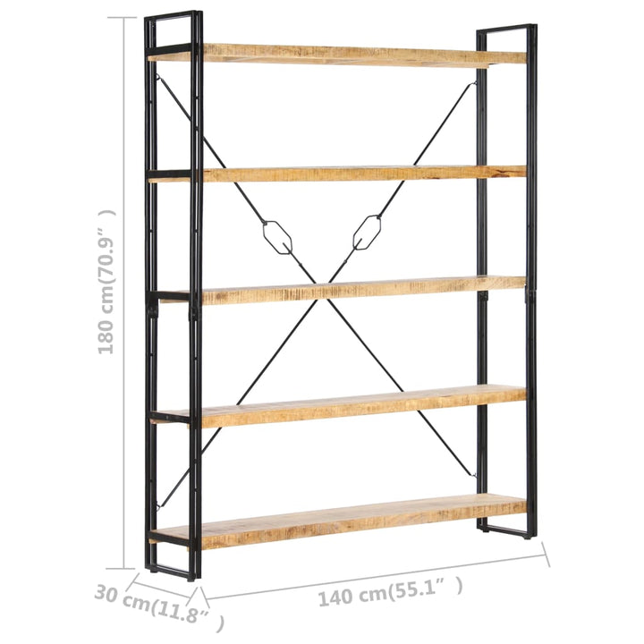 bogreol med 5 hylder 140x30x180 cm massivt mangotræ