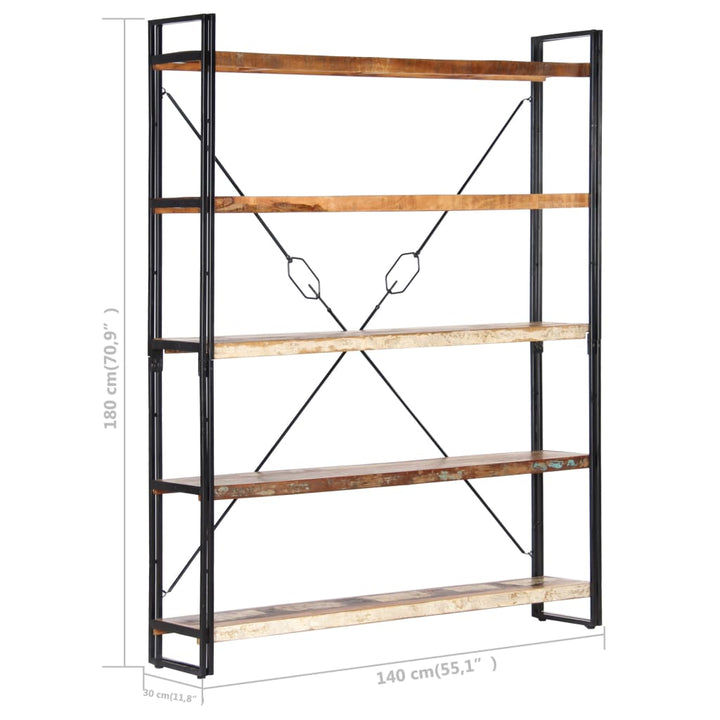 bogreol med 5 hylder 140x30x180 cm massivt genbrugstræ