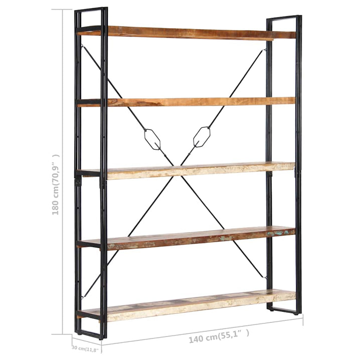 bogreol med 5 hylder 140x30x180 cm massivt genbrugstræ