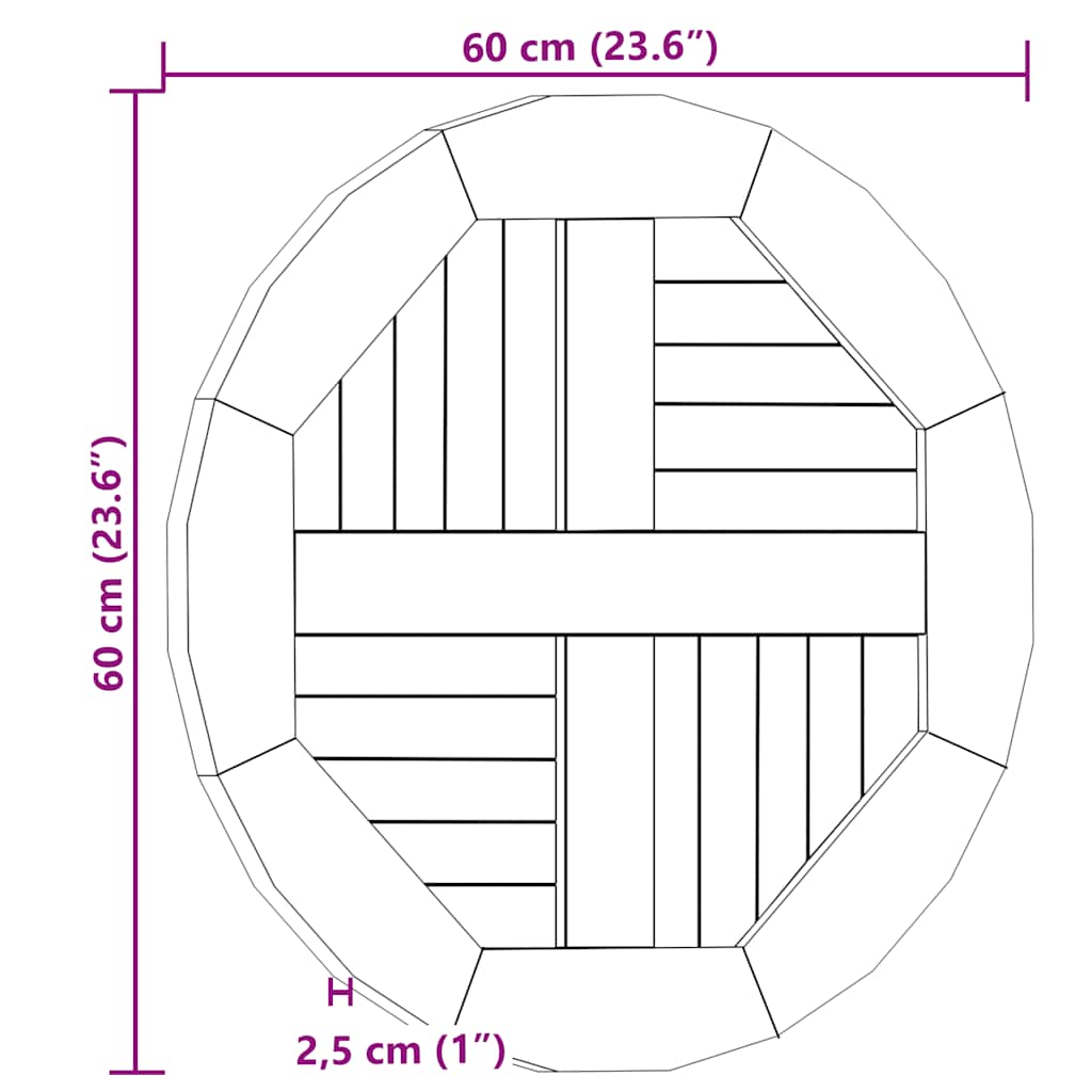 rund bordplade 2,5 cm 60 cm massivt teaktræ