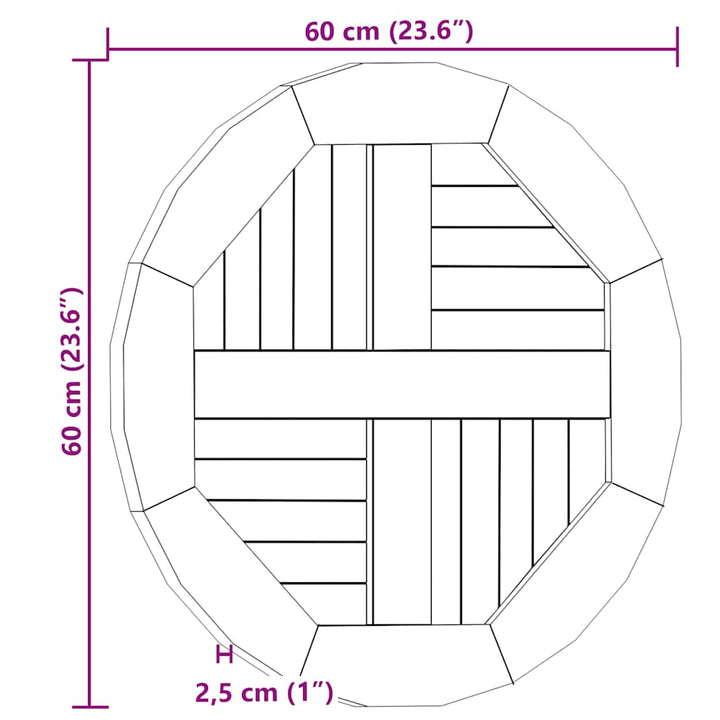 rund bordplade 2,5 cm 60 cm massivt teaktræ