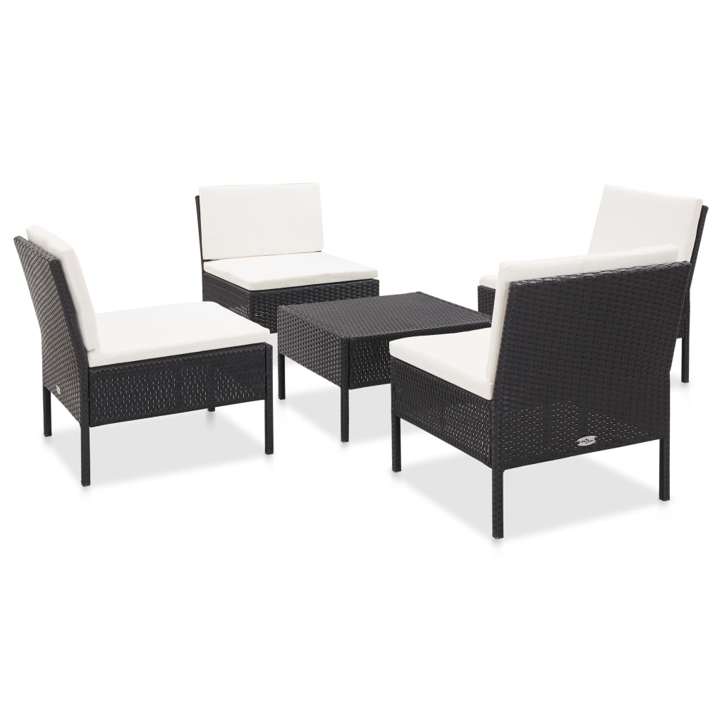 havesofasæt med hynder 5 dele polyrattan sort