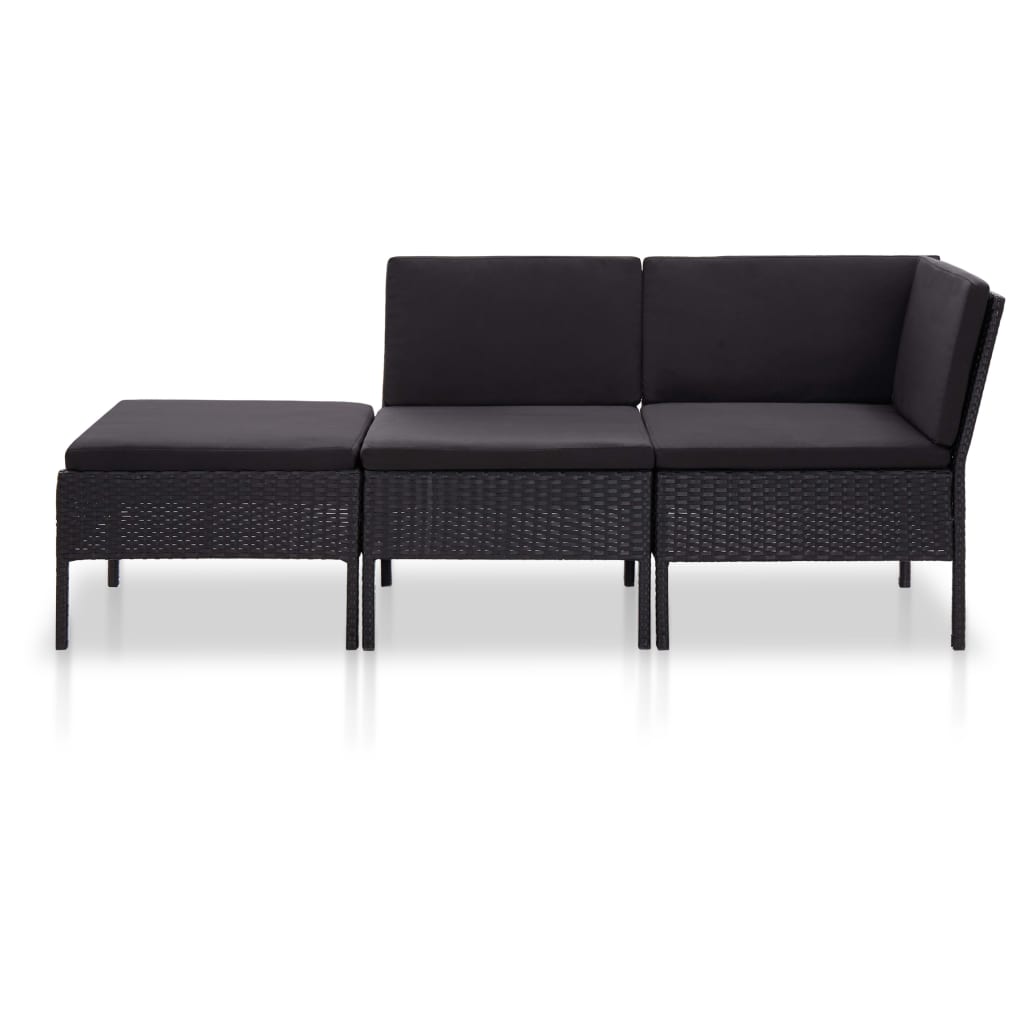 haveloungesæt 3 dele med hynder polyrattan sort
