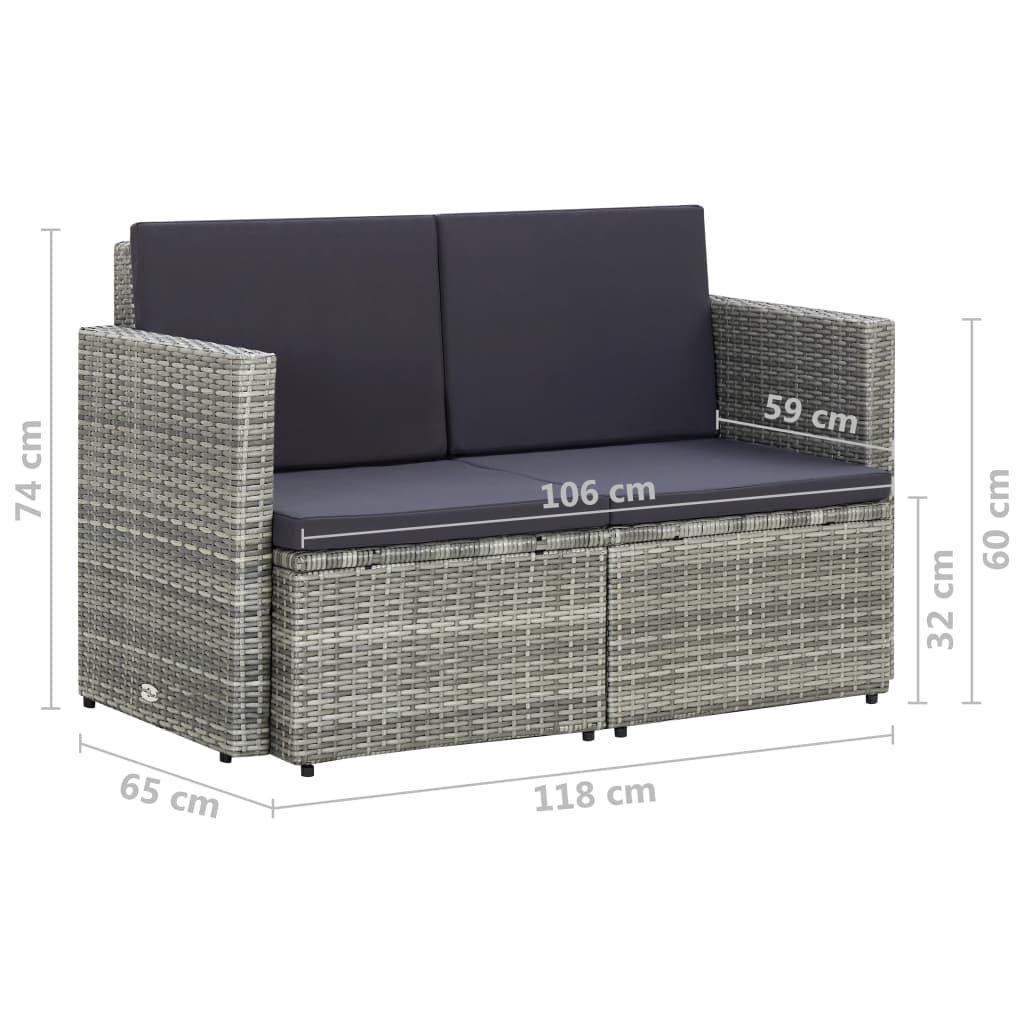 2-personers havesofa med hynder polyrattan grå